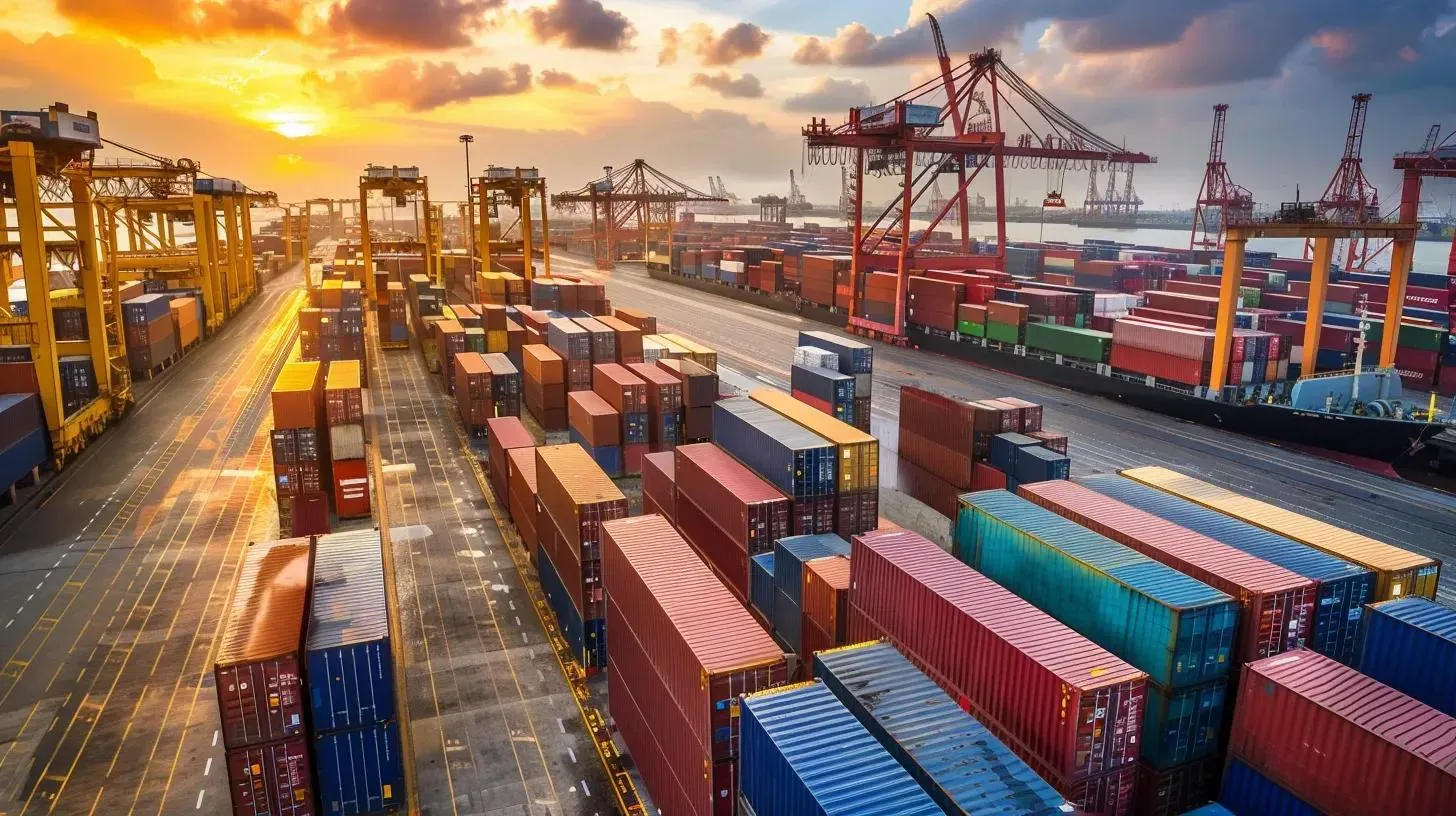 Shipping containers stacked at a busy port, with cranes and a sunset in the background.