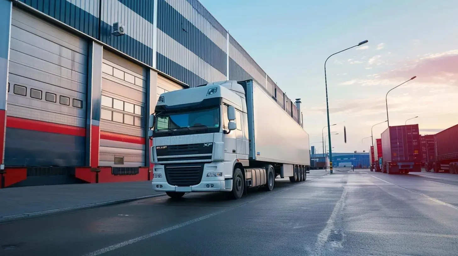 A white semi-truck at a loading dock; blue sky, industrial setting.