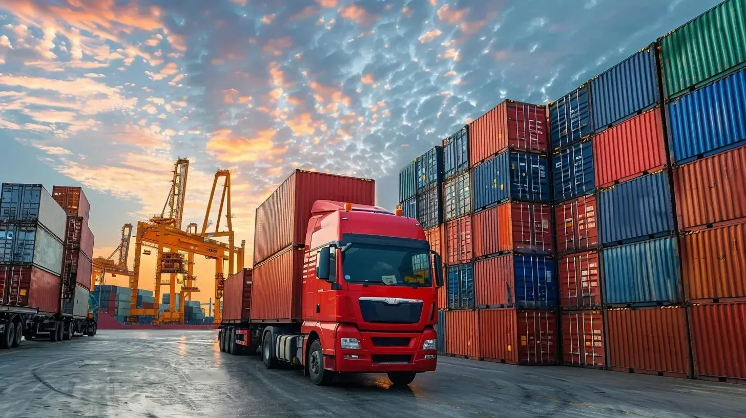 Red semi-truck carrying shipping containers in a port with stacked containers and cranes, under a sunset sky.