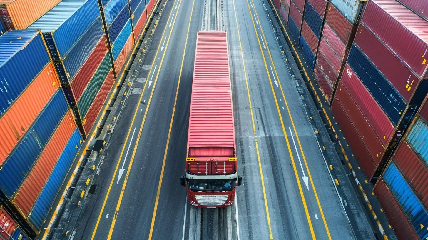 Truck carrying a red shipping container travels between rows of colorful containers on a road.