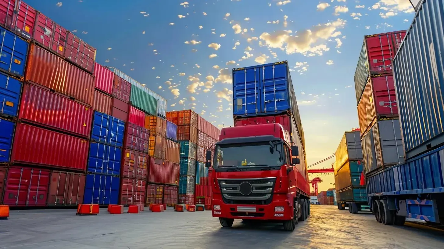 Red truck loaded with shipping containers in a busy port at sunset.