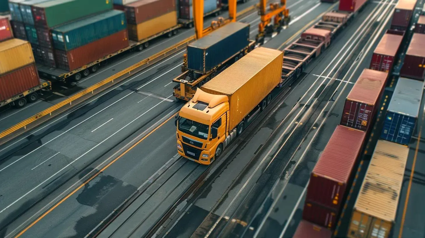 Yellow truck and train loaded with shipping containers at a port.