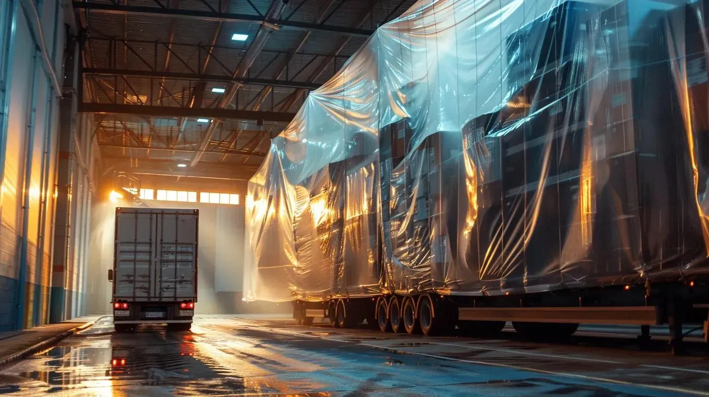 Trucks inside a warehouse. One truck is loading near a large, tarp-covered trailer, with water on the ground and bright lights.