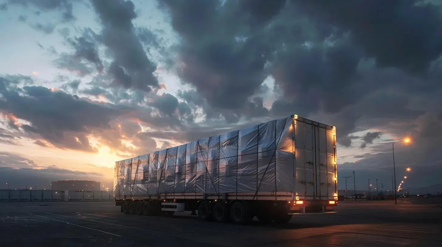 Truck loaded with cargo under a cloudy sky at dusk, illuminated by the setting sun.