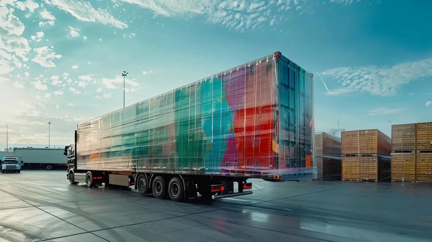 Semi-truck with colorful translucent trailer in a loading yard under a cloudy sky.