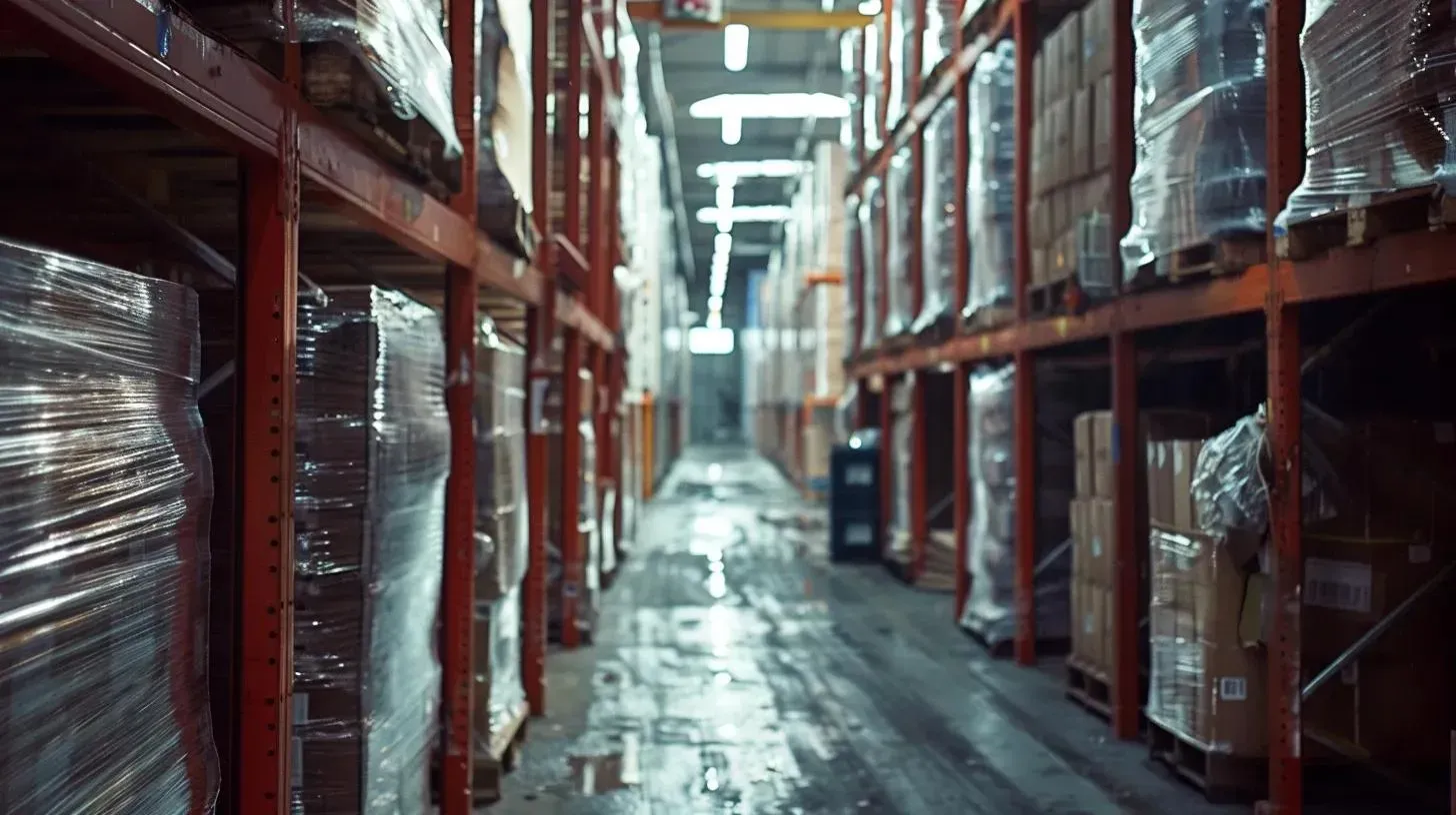 Warehouse with rows of shelves holding wrapped packages.