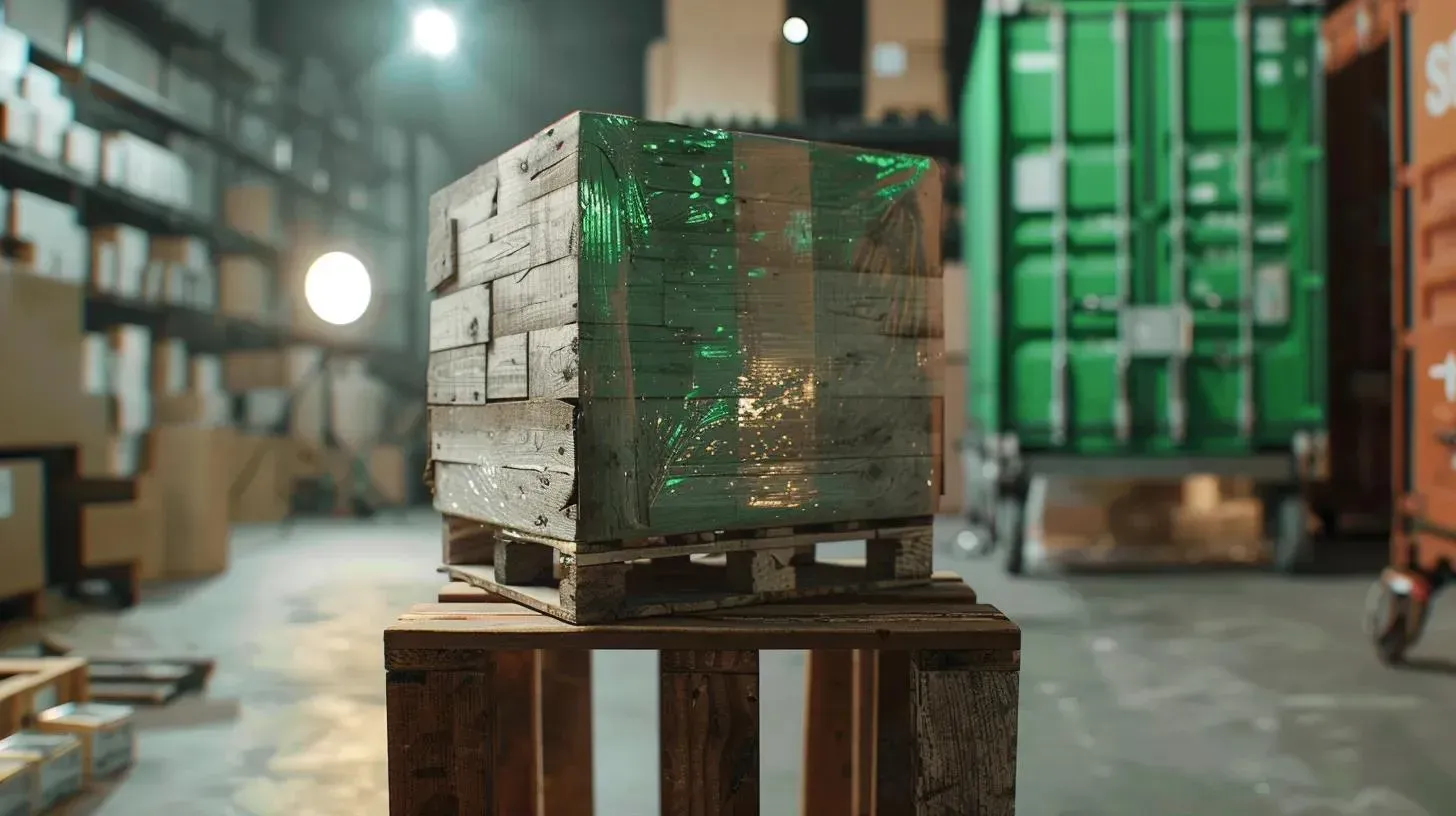 Wooden pallet with a green-wrapped, wooden block in a warehouse setting, next to a green shipping container.
