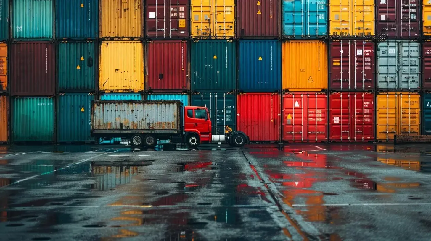 Truck with shipping container, parked in front of a stack of colorful cargo containers in a wet industrial yard.