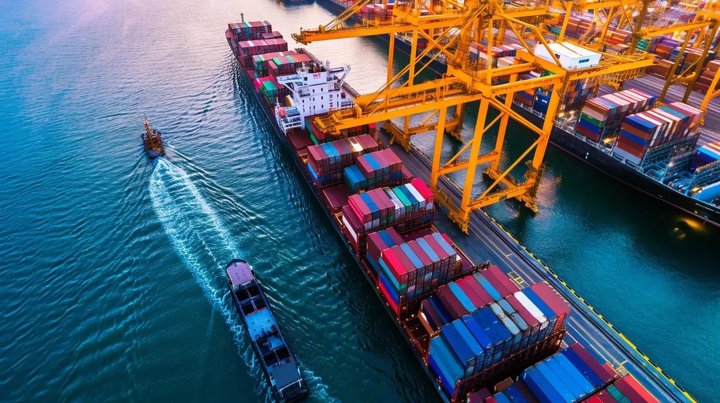 Cargo ship docked in port, loaded with containers, being serviced by cranes, with a tugboat alongside.