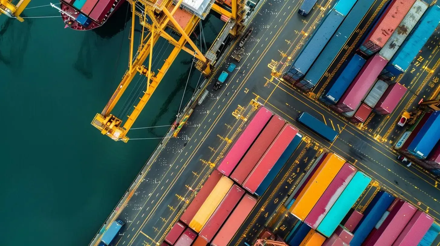 Overhead view of a bustling shipping port. Containers in various colors sit alongside a dock with cranes and a cargo ship.