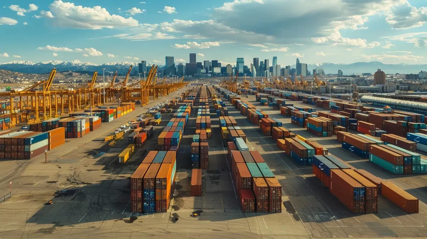 A wide-angle aerial view of a busy shipping port filled with rows of colorful cargo containers under a bright blue sky.