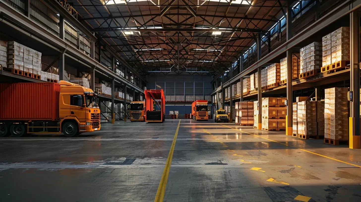 Interior of a large warehouse with parked orange trucks, stacked shipping pallets, and concrete floors under steel beams.