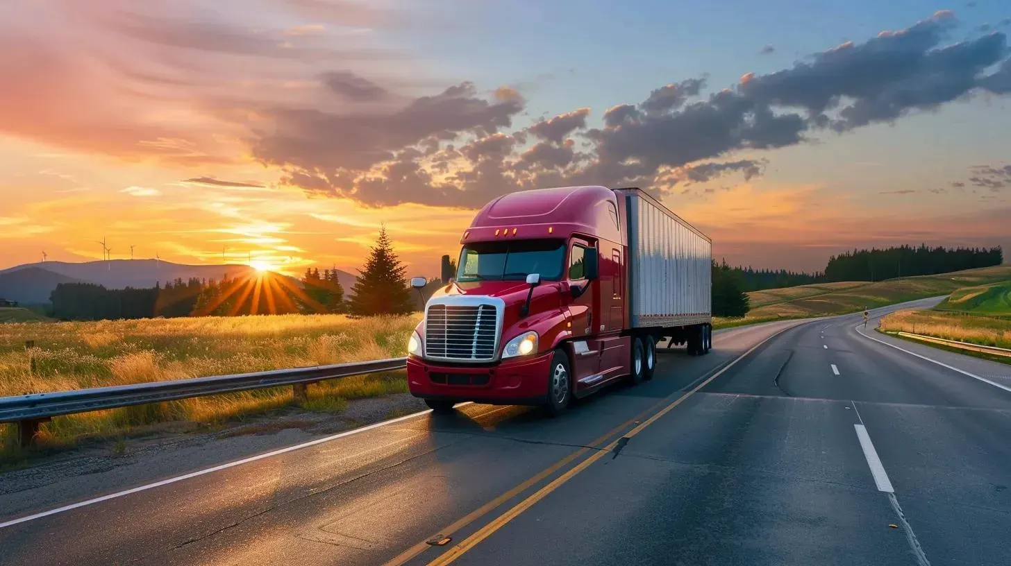 A red semi-truck driving on a road at sunset, with a golden sky in the background.