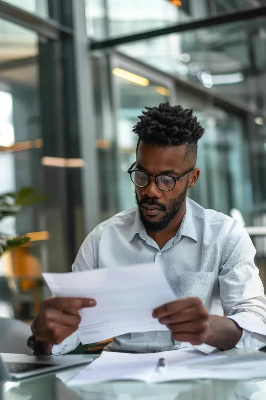 Man with glasses reviewing documents in modern office.