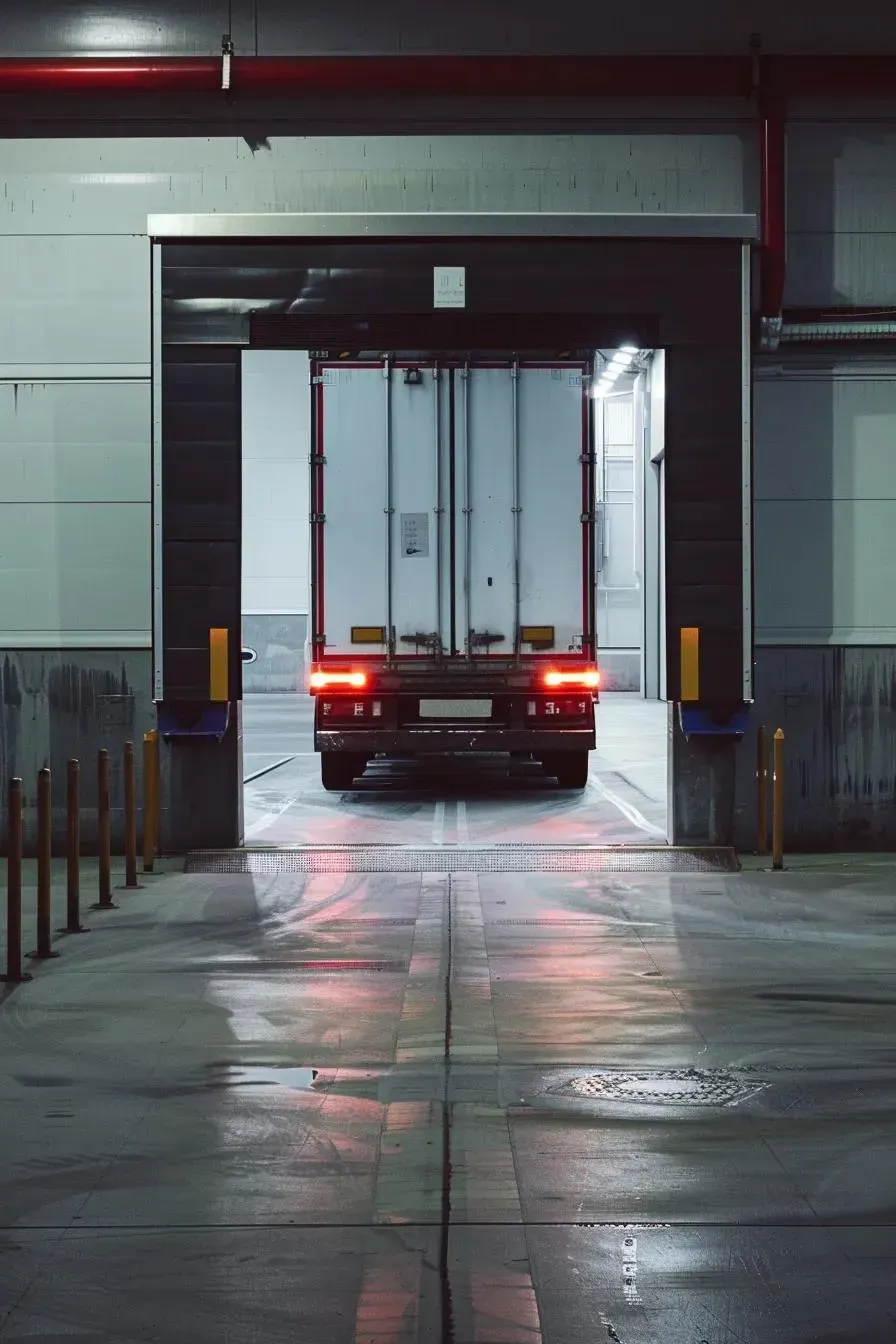 Truck backing into a loading dock at a warehouse, red taillights illuminated.