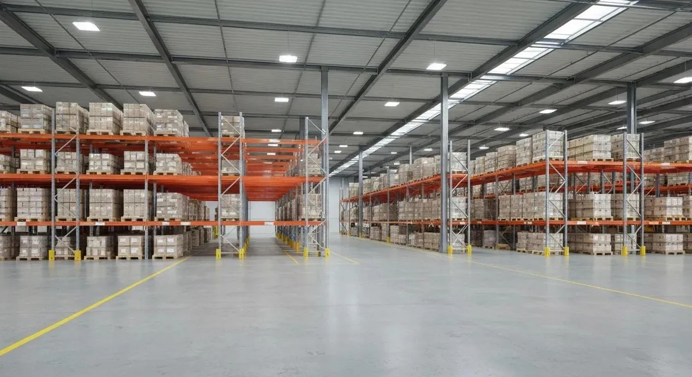 Warehouse interior with tall shelving packed with boxes. Bright, industrial lighting.