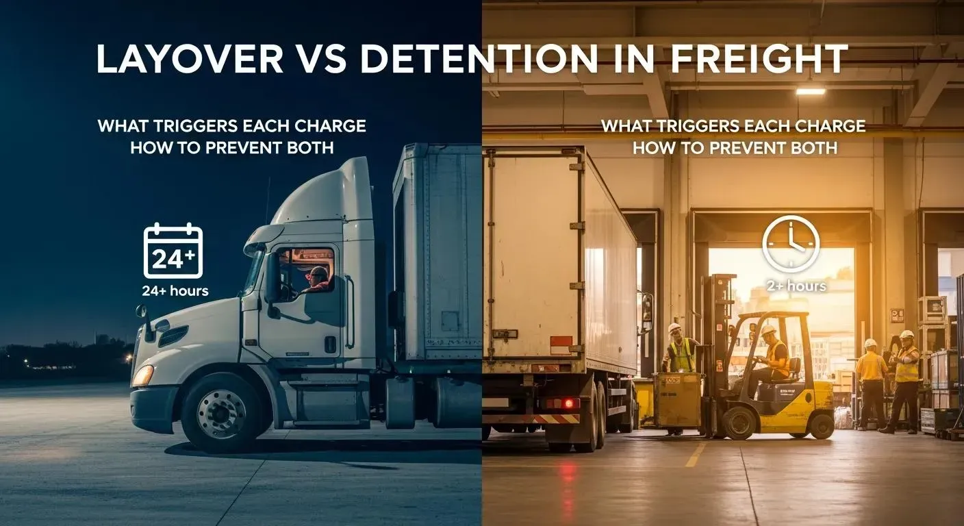 Comparison graphic: Layover vs. Detention in freight. Truck with