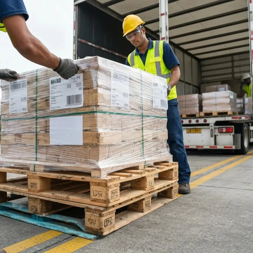 Workers loading a pallet of wrapped packages onto a truck. One wears a yellow hard hat and vest.