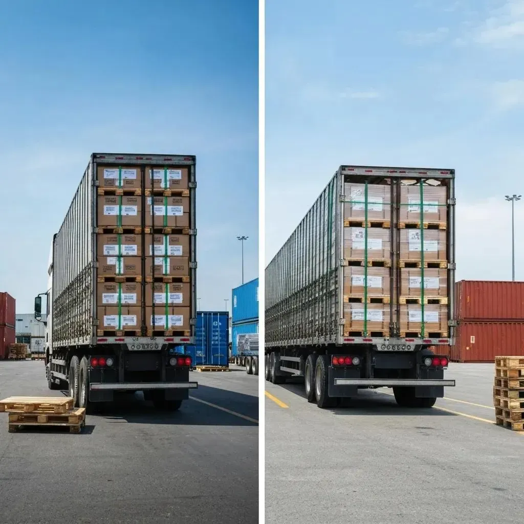 Two views of a semi-truck loaded with boxes, in a shipping yard, under a blue sky.