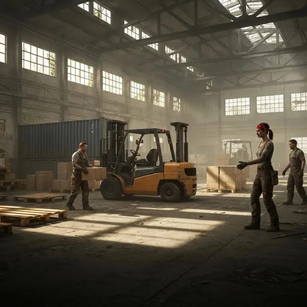 Warehouse scene: Workers, forklift, cargo container, wooden pallets and boxes. Woman with red bandana directing.