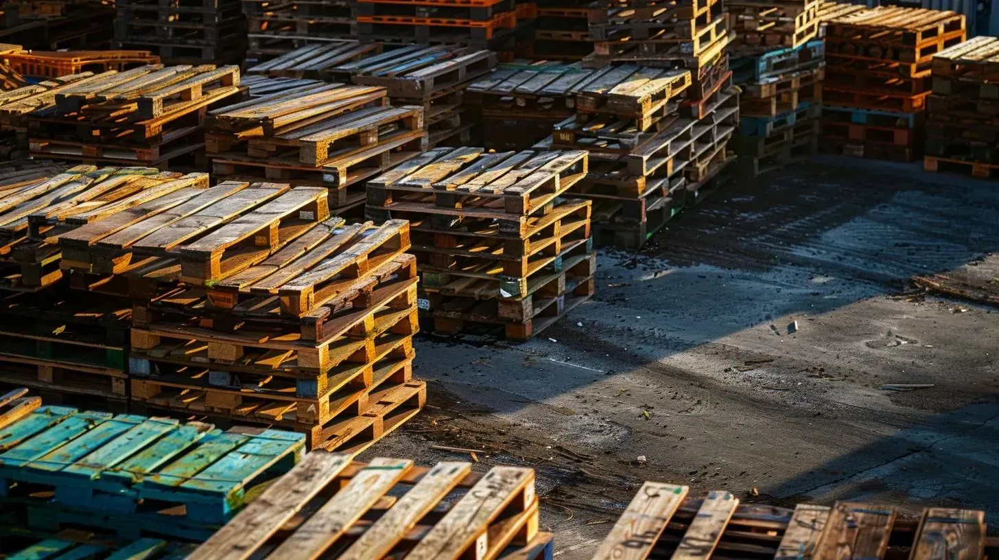 Stacks of wooden shipping pallets in an outdoor lot, various shades of brown and green.
