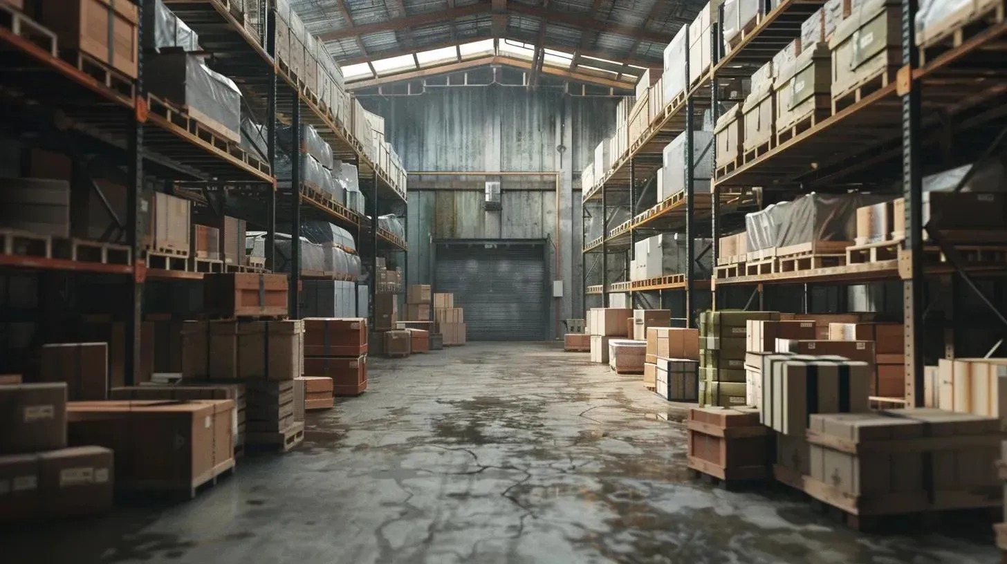 Warehouse interior, rows of shelves filled with wooden boxes, a large loading door at the end.