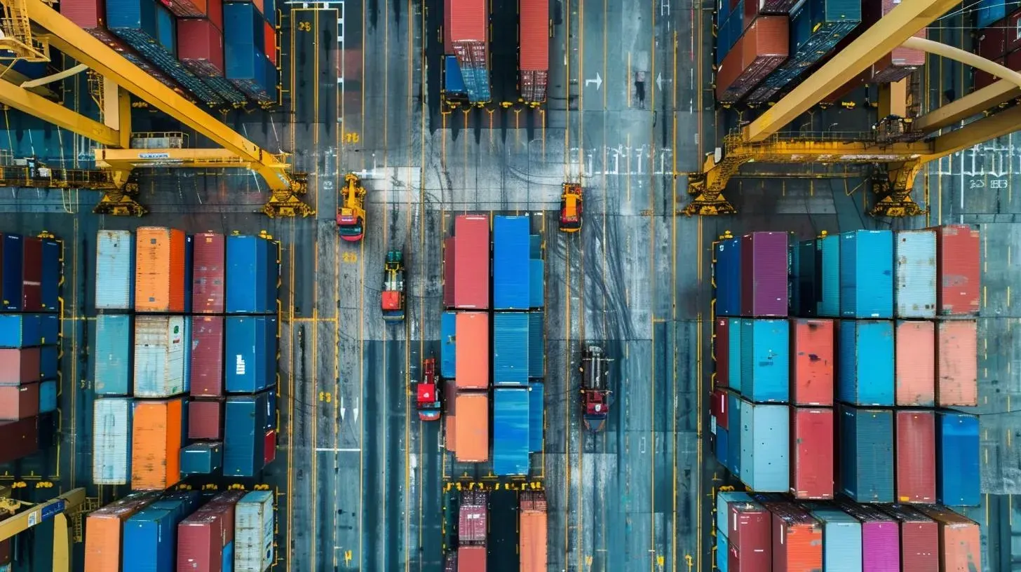 Overhead view of a bustling shipping port with colorful cargo containers and machinery.
