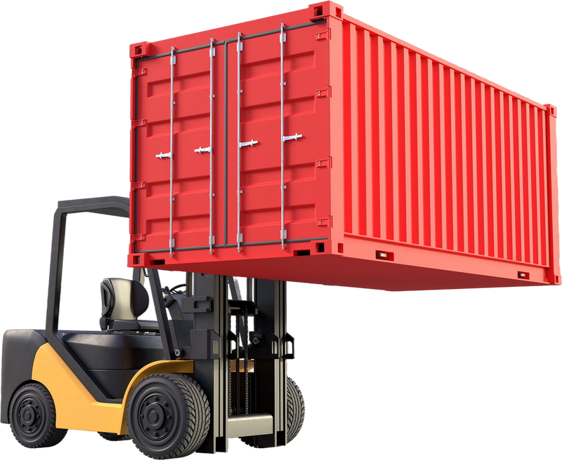 Yellow forklift lifting a large red shipping container.