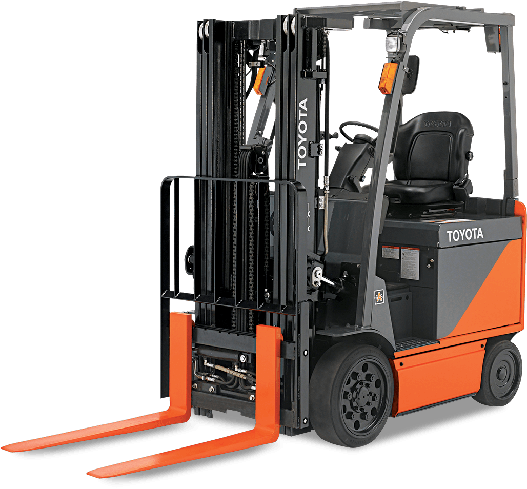 Toyota forklift, orange and gray, indoors.
