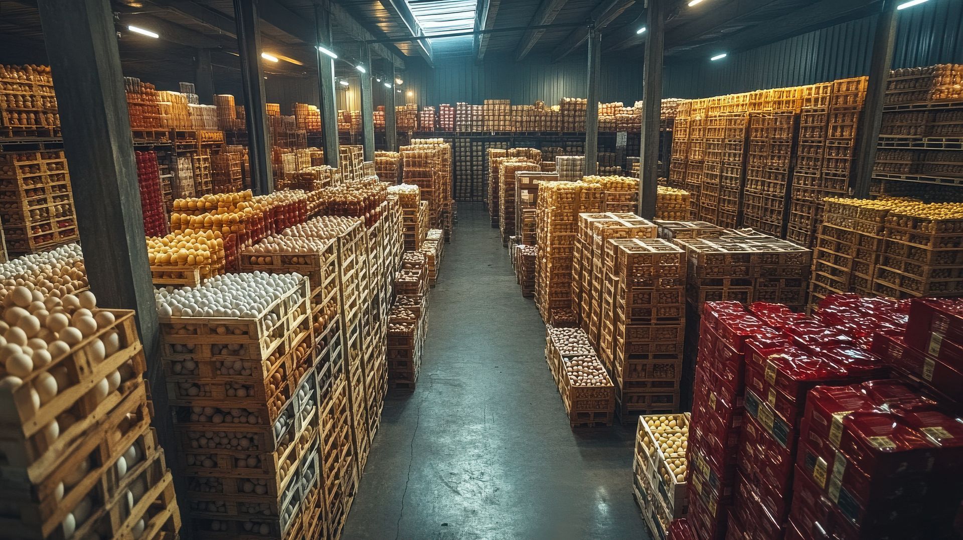 Warehouse interior filled with stacks of wooden crates and packaged goods; overhead lights.