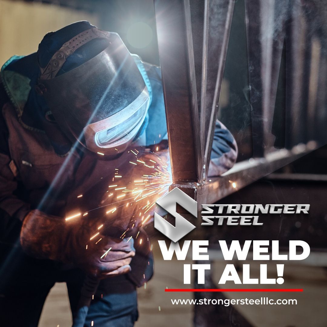 An advertisement for stronger steel shows a man welding a piece of metal