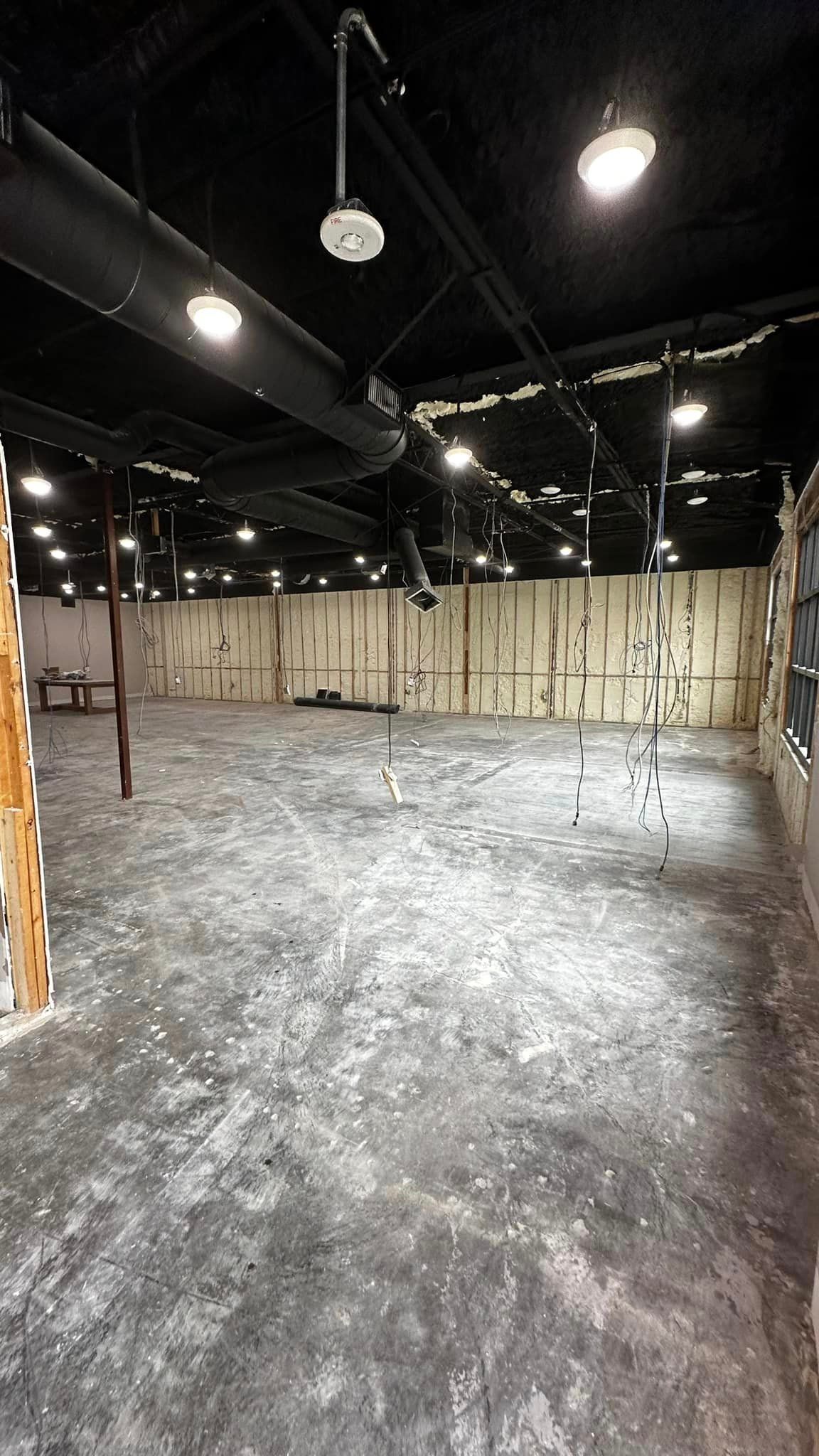 A large empty room with a lot of lights hanging from the ceiling.