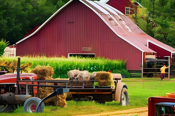 Red barn with a tractor carrying hay bales, parked on a grassy field. A person stands near a horse stable.