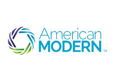 Logo for American Modern Insurance. A circular design with blue, green, and purple lines surrounds text
