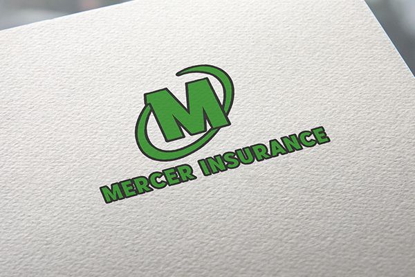 Green Mercer Insurance logo on white textured paper; the logo features a stylized 