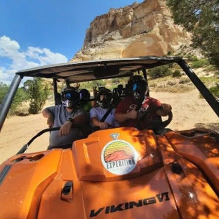 A group of people are riding in a viking atv on a dirt road.