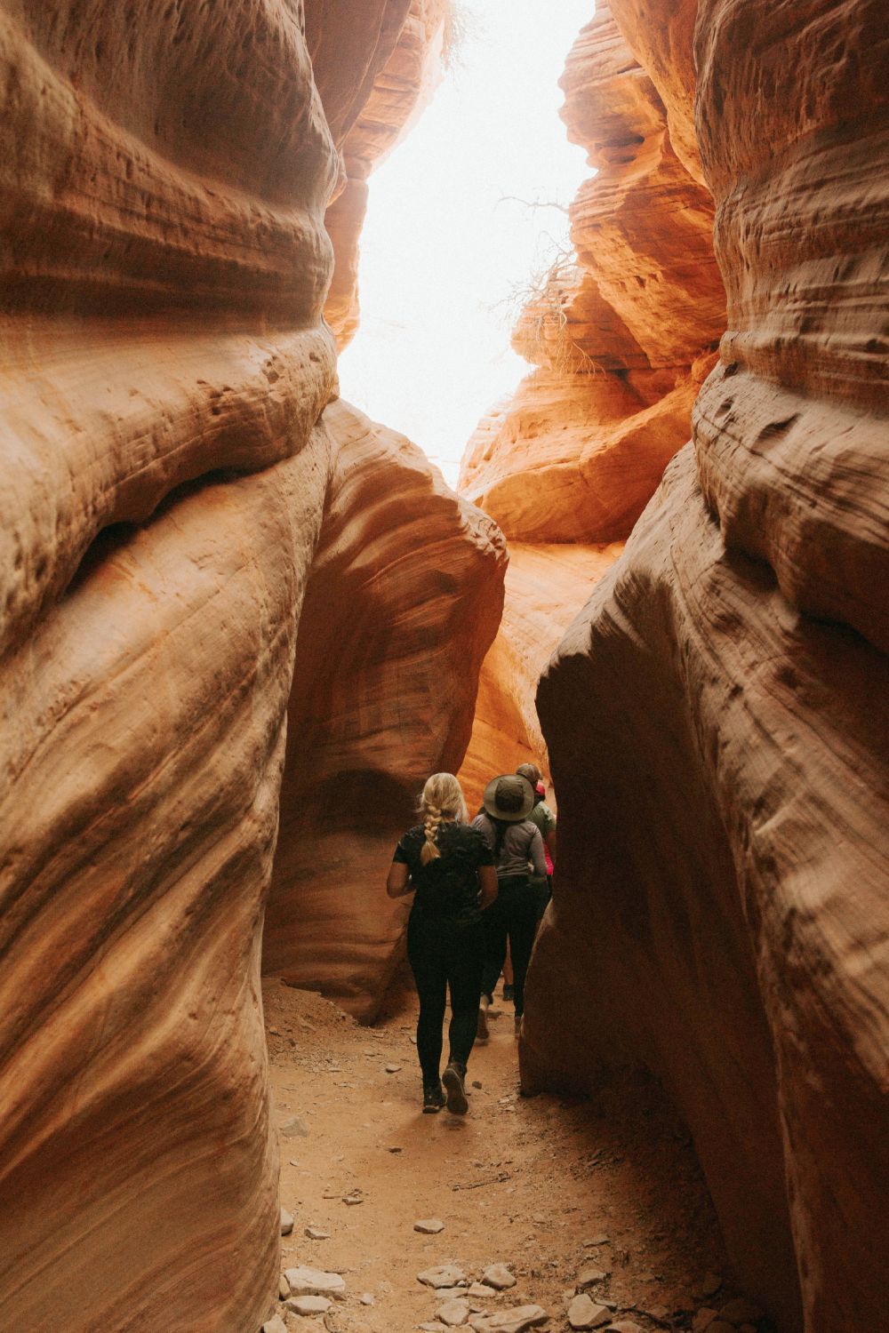A group of people are walking through a canyon.