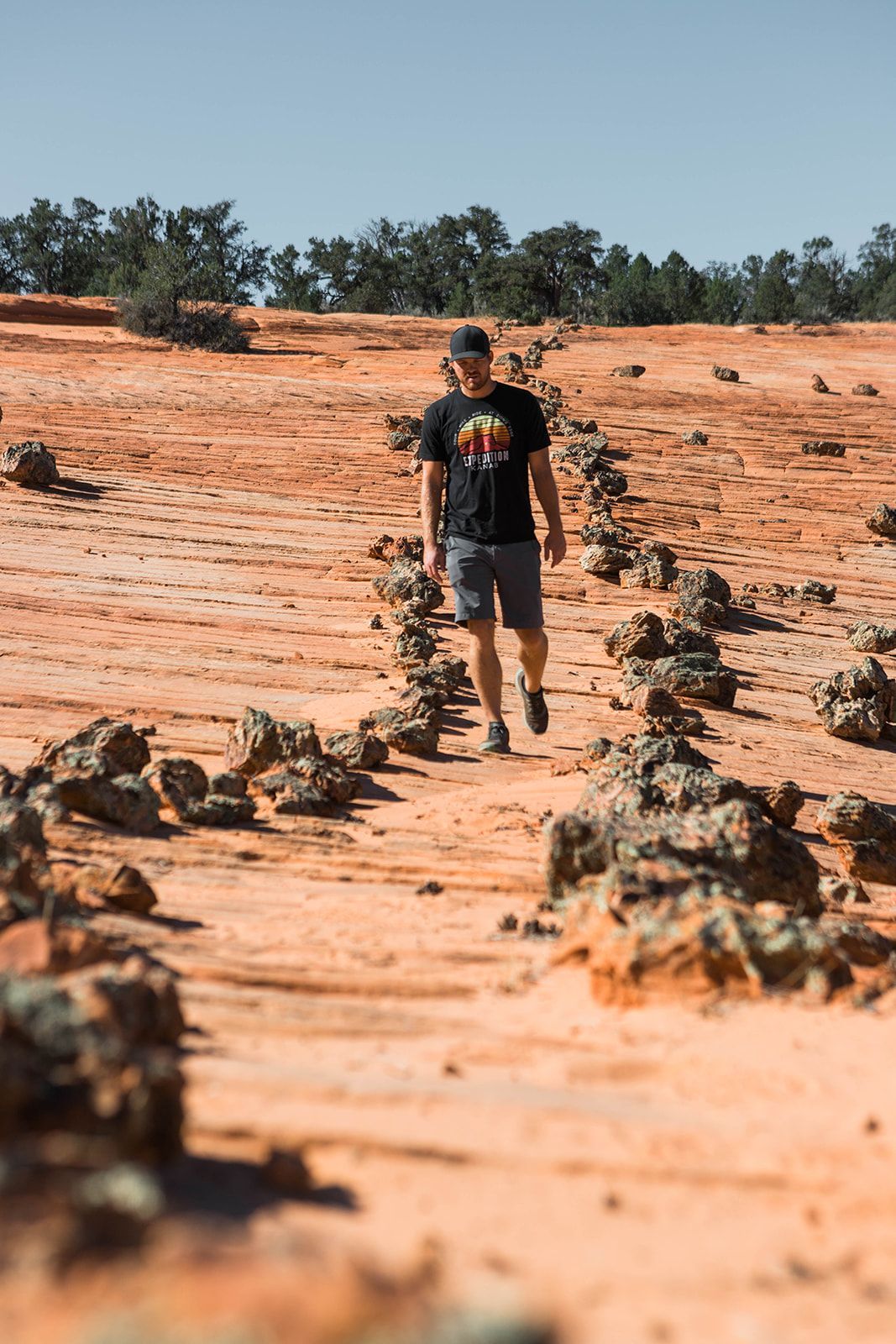 Man walking on a red dirt landscape, following a line of rocks. Trees and blue sky in background.