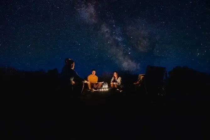 Campers sit around a glowing fire under a starry night sky in the wilderness.