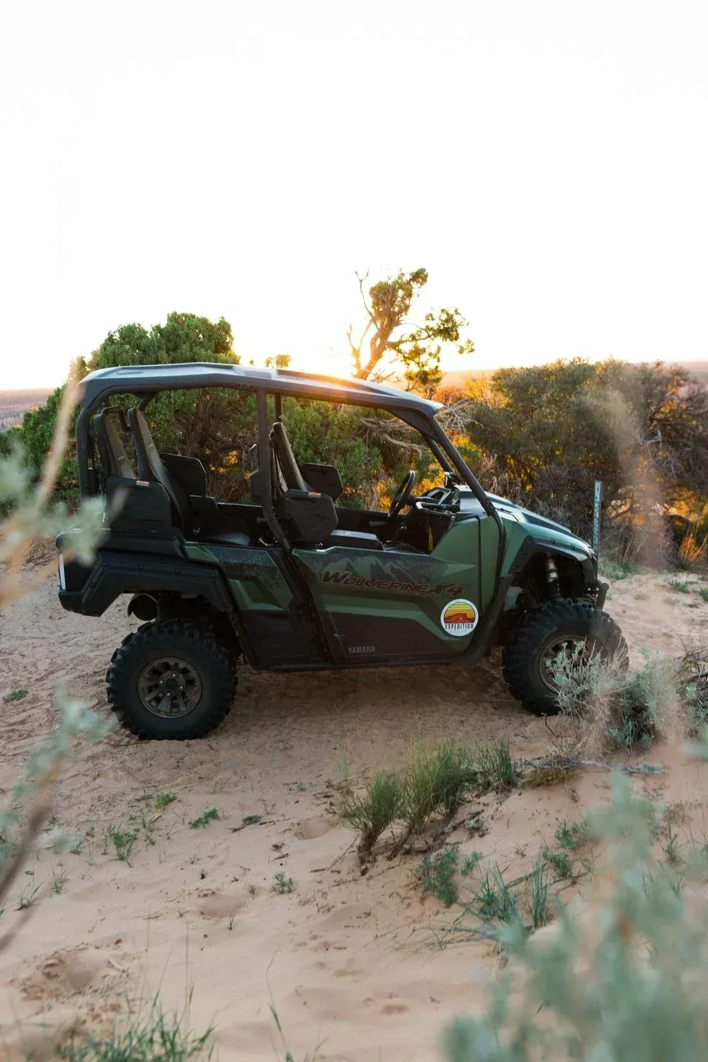 Black off-road utility vehicle parked on sandy terrain at sunset with bushes in the background