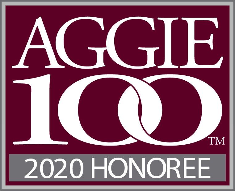Aggie 100 2020 honoree logo on a maroon background