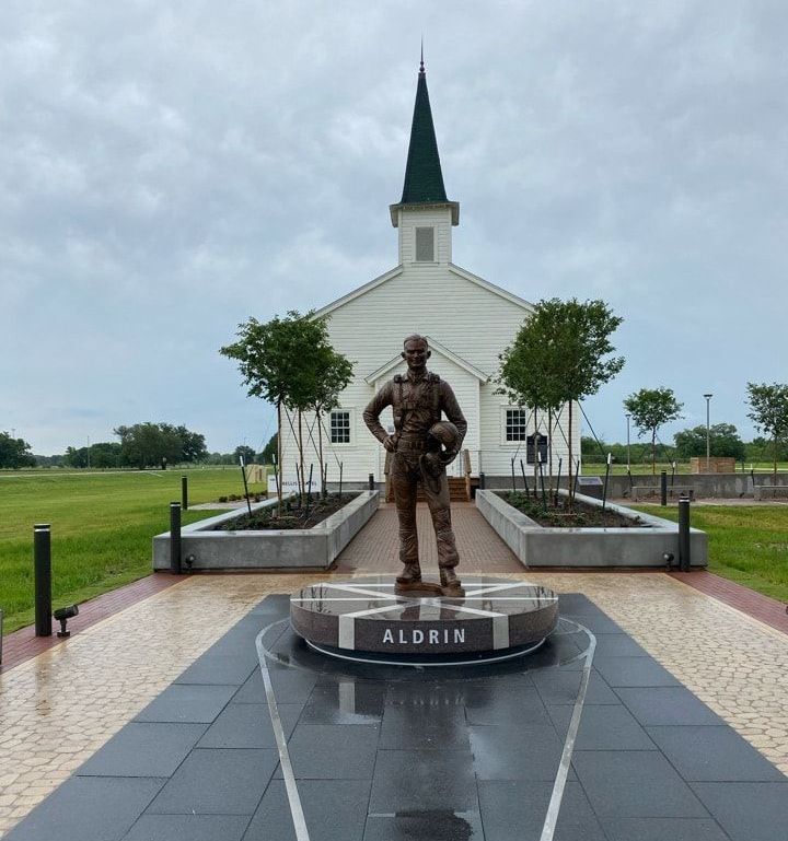 A statue of Buzz Aldrin at RELLIS campus in College Station, TX