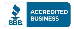 A blue and white sign that says accredited business