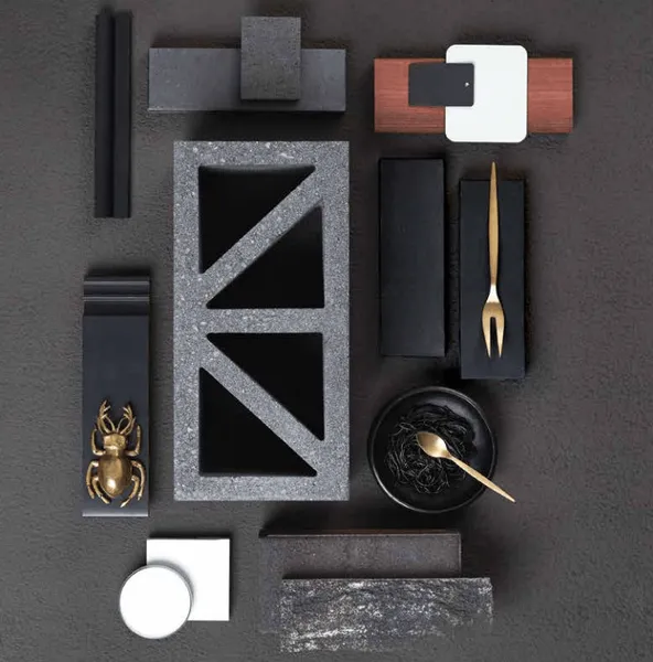 Dark Gray Mood Board With Geometric Shapes in Black, Gold, White, and Wood Textures — Hunter Valley Bricks & Pavers in Scone, NSW