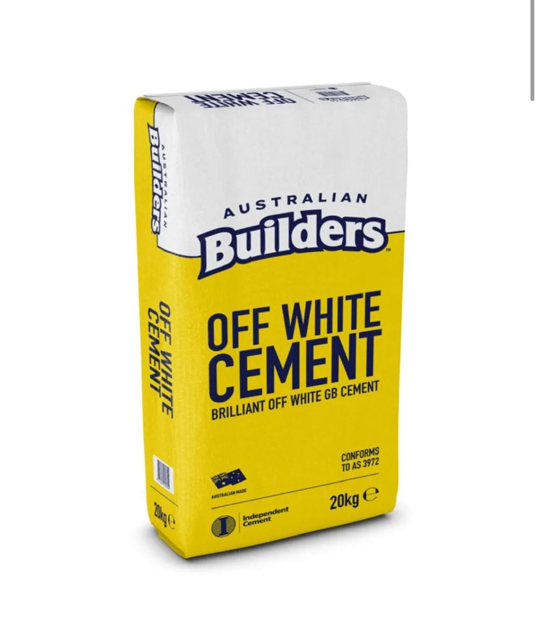 Australian Builders off white cement bag, yellow and white packaging, 20kg— Hunter Valley Bricks & Pavers in Scone, NSW