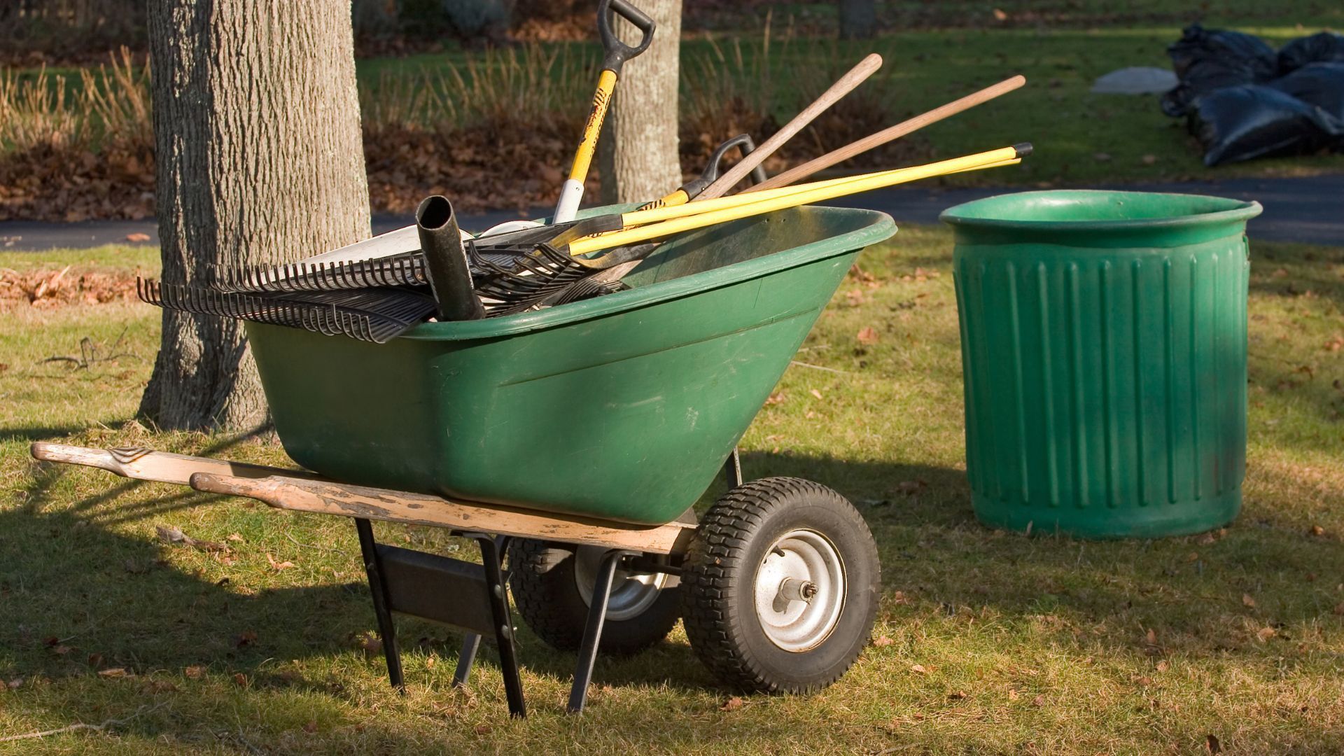 A green wheelbarrow filled with gardening tools and a green trash can