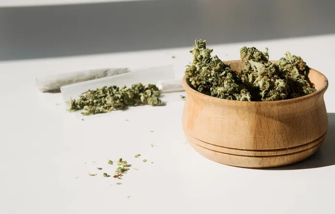 Container with cannabis buds and a half rolled joint