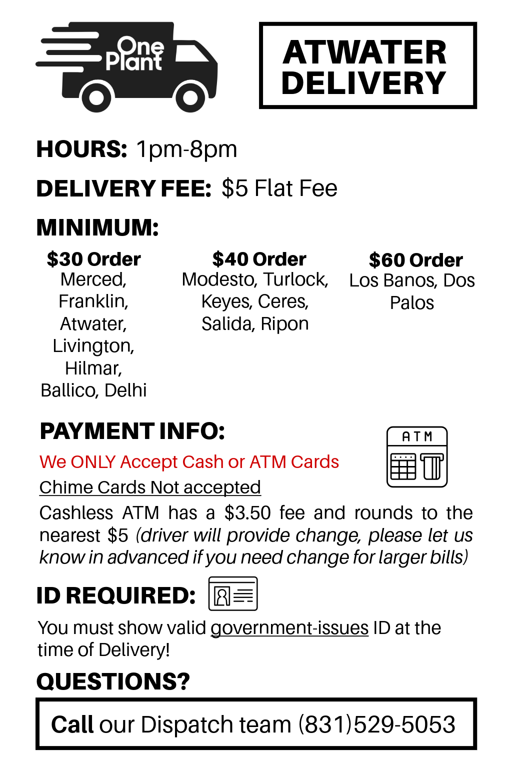 Delivery: Fee, Minimums, Payment options, Areas we service.