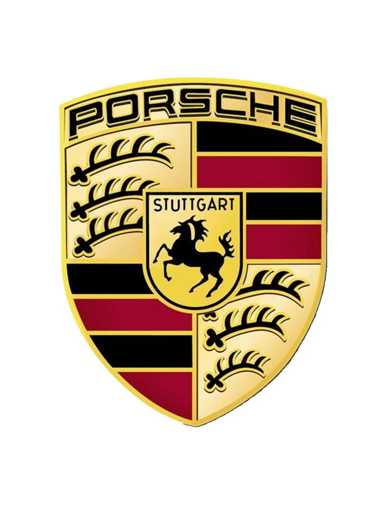 Porsche logo: gold shield with prancing horse and the word Porsche at the top