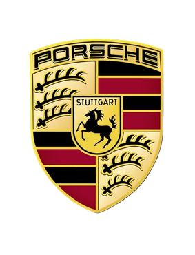 Porsche logo: gold shield with prancing horse and the word Porsche at the top